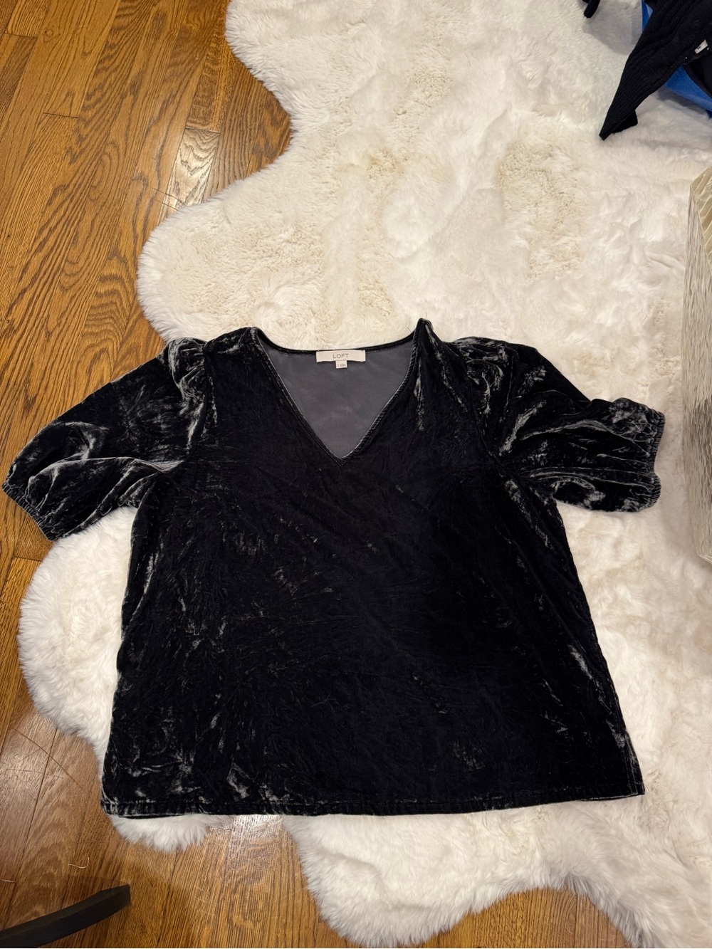 LOFT Black Velvet V-Neck Puff Sleeve Blouse